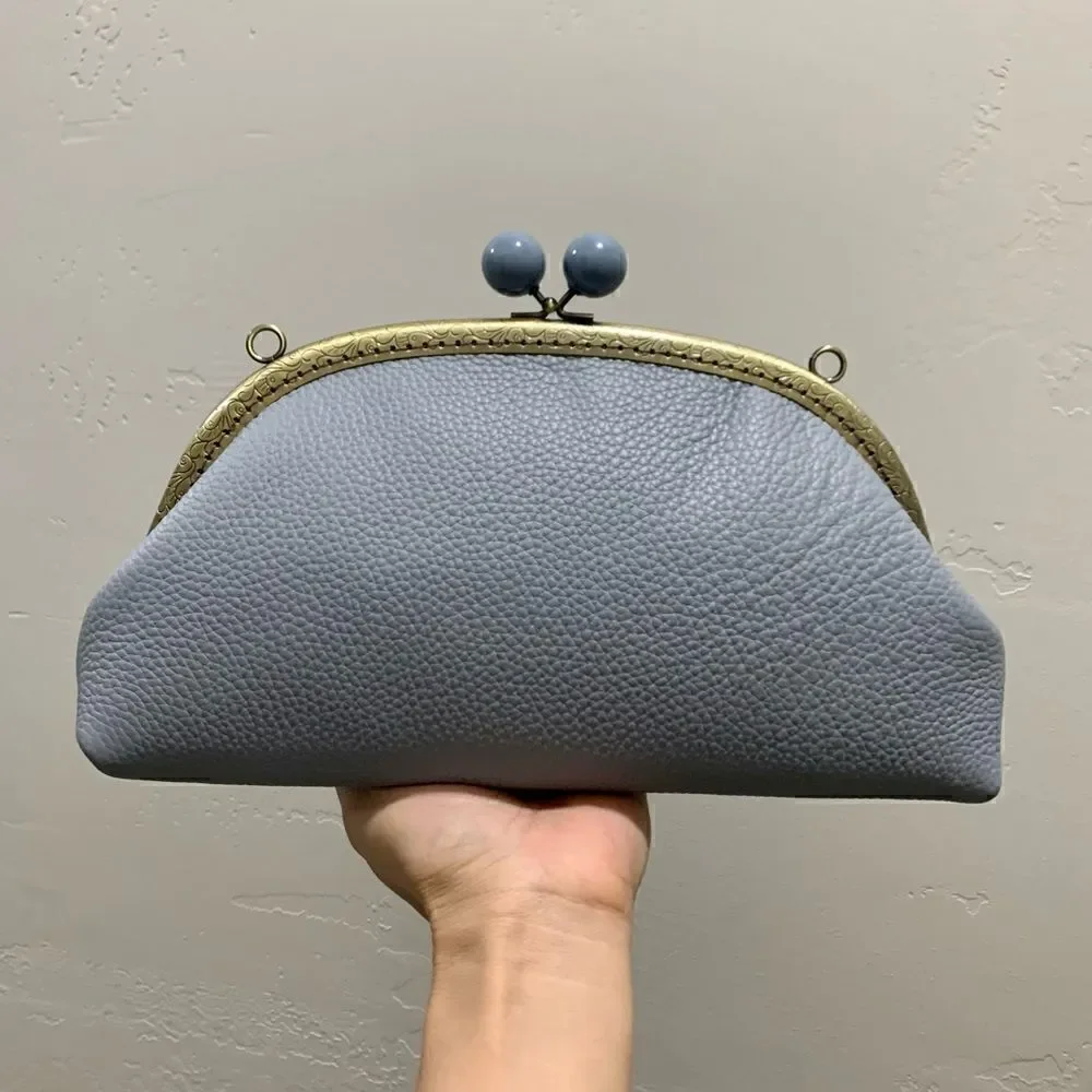Vintage Handsewn Genuine Premium Pebble Leather Clutch/Shoulder Bag/Crossbody